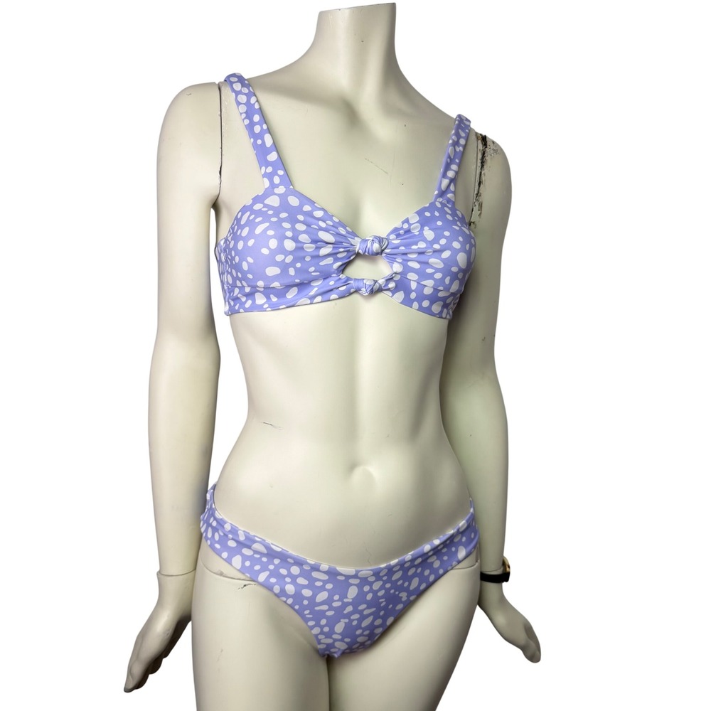 Zaful Bikini Set Front Knot Low Cut Blue White Abstract Dot Swimsuit Y2K Retro S